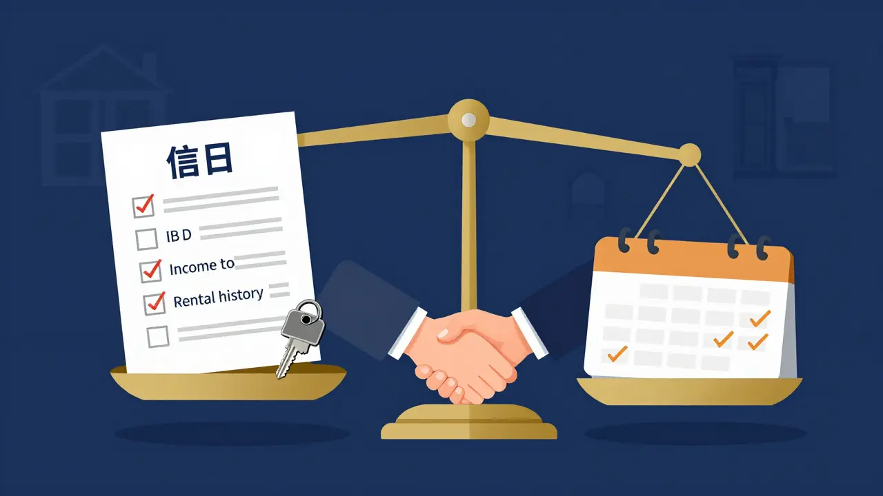 Waage mit Mieterunterlagen und Symbolen für Zuverlässigkeit und harmonisches Zusammenleben.