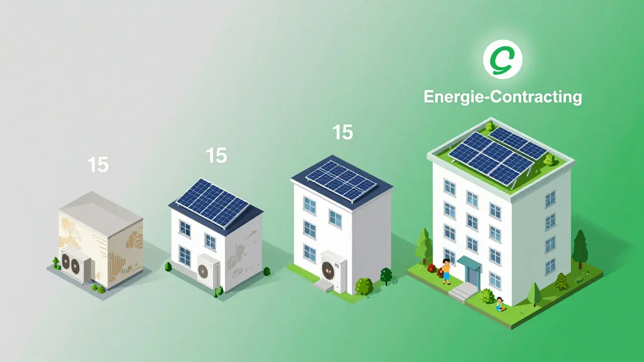 Zeitliche Entwicklung eines Wohnhauses von veralteter Heizung bis zu einem klimaneutralen Gebäude mit Solaranlage.