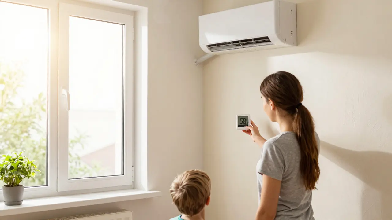 A sunny, clean living room with a person checking humidity levels after mold remediation.