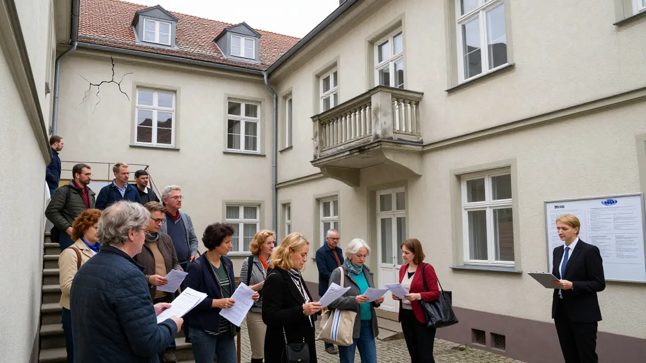 Bewohner eines Mehrfamilienhauses diskutieren in einem Treppenhaus über die Reparatur des Daches und abstimmen.