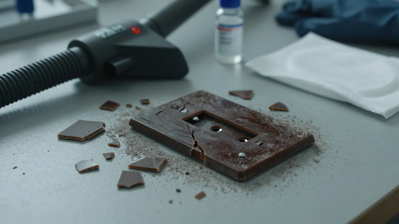 Brüchige Bakelit-Schalterbruchstücke auf Werkbank mit Staub und Reinigungsmaterialien.