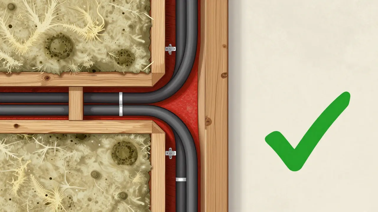 Cross-section of a wall showing hidden mold growth and thermal bridges causing condensation.