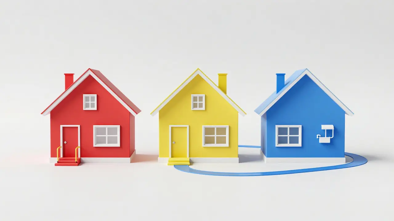 Dachansicht eines Hauses mit drei farblich gekennzeichneten Renovierungsphasen.