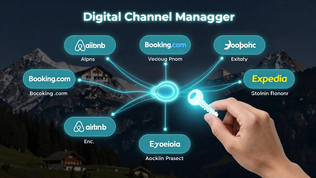 Digitales Netzwerk verbindet eine Ferienimmobilie mit sieben Buchungsplattformen über Datenströme.