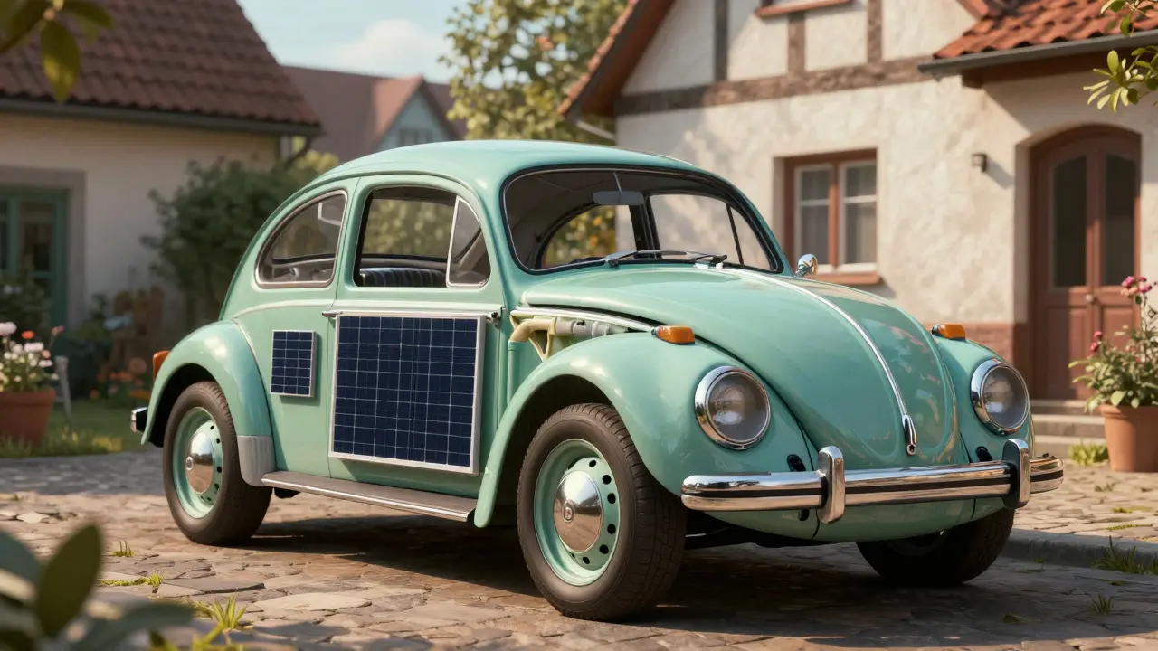 Ein VW Käfer wird in seine Karosserie zerlegt, während moderne Energietechnik wie Solarpaneel und Wärmepumpe daraus hervorwächst.