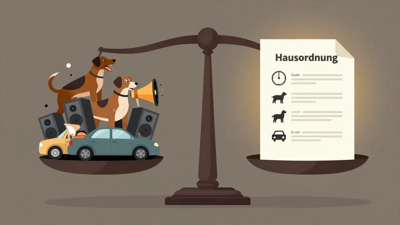 Eine Waage balanciert Konflikte gegen klare Regeln einer Hausordnung.