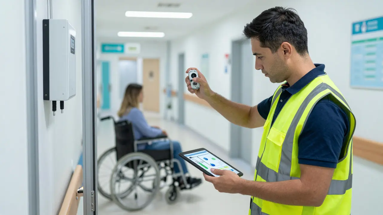 Elektriker kalibriert Sensoren eines automatischen Türantriebs in einem Krankenhausflur mit Rollstuhlfahrer im Hintergrund.