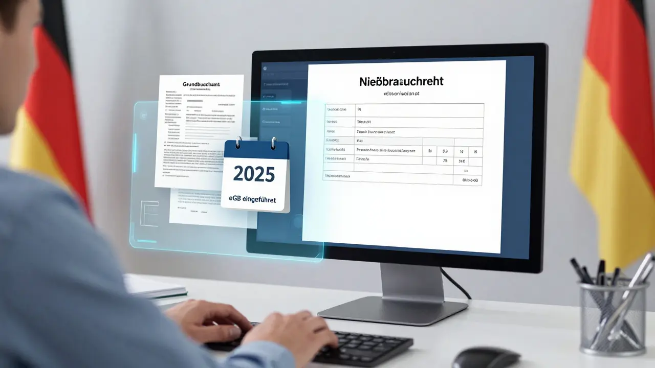 Elektronisches Grundbuch mit Nießbrauchrechts-Eintragung, Alter Faktor 9,5, digitale Darstellung im Jahr 2025.