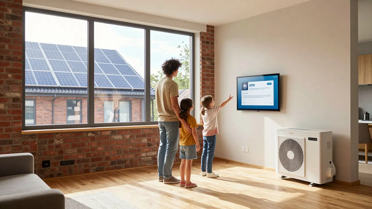 Familie in einem hellen, modernisierten Wohnzimmer mit neuen Fenstern, Fußbodenheizung und Wärmepumpe.