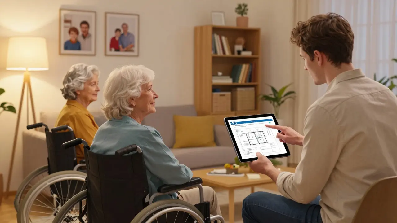 Familie und Berater besprechen barrierefreie Umbau-Pläne mit einem Tablet