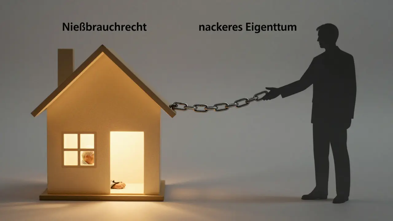 Haus mit aufgeteilter Nutzung: älterer Mensch nutzt den unteren Teil, oberer Teil bleibt Eigentum, verbunden durch rechtliches Band.