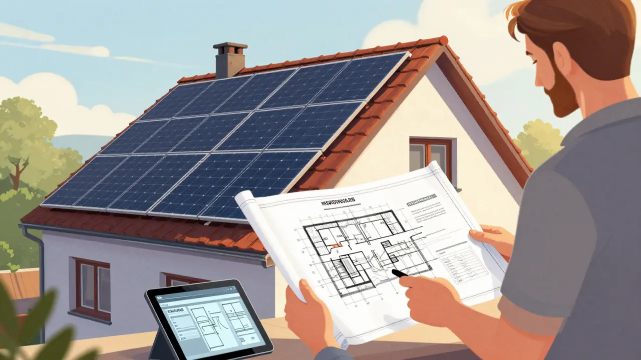 Hausbesitzer mit Bauplan in Nordrhein-Westfalen, Solaranlage wird installiert, Bauinspecteur prüft Vorgaben.