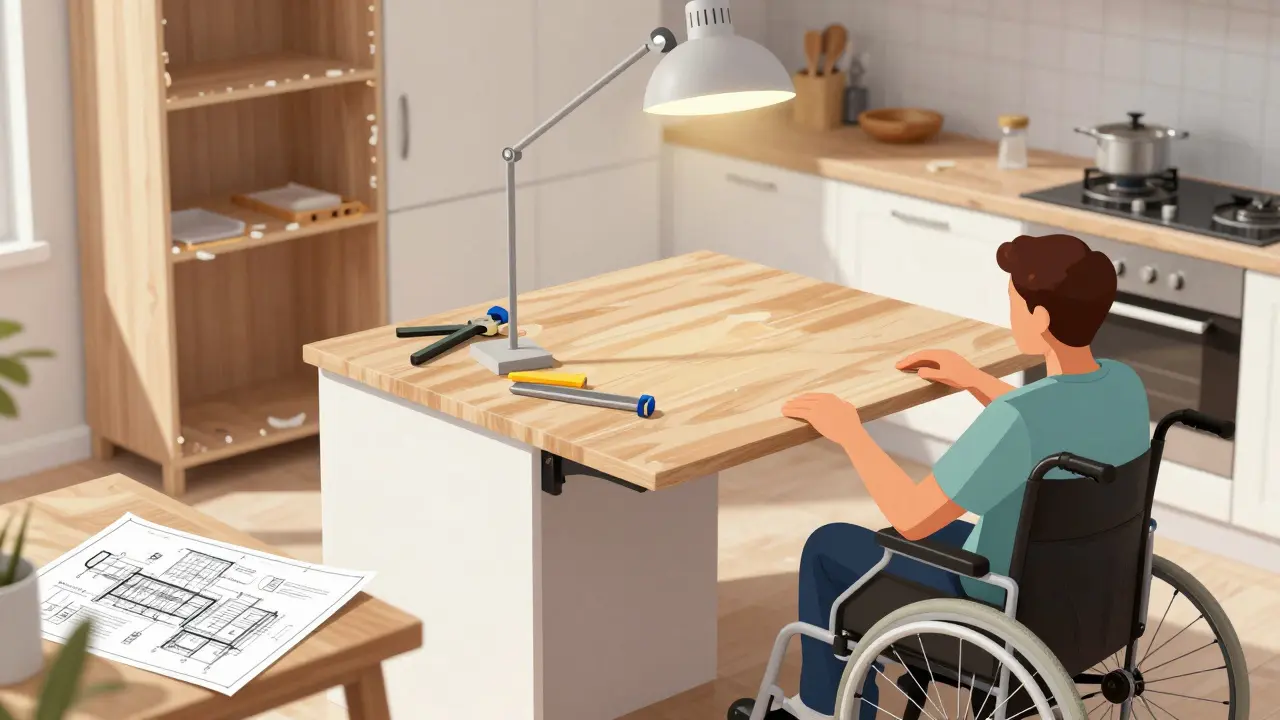 Höhenverstellbare Küchenzeile wird installiert, Rollstuhlnutzer testet den neuen Arbeitsbereich.