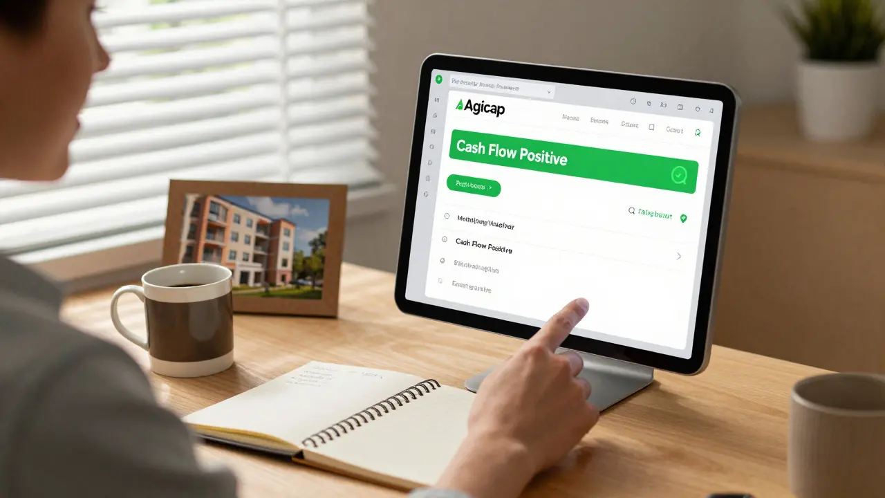 Immobilienmanager überwacht eine digitale Liquiditätsplattform mit positivem Cashflow in einem ruhigen Büro.