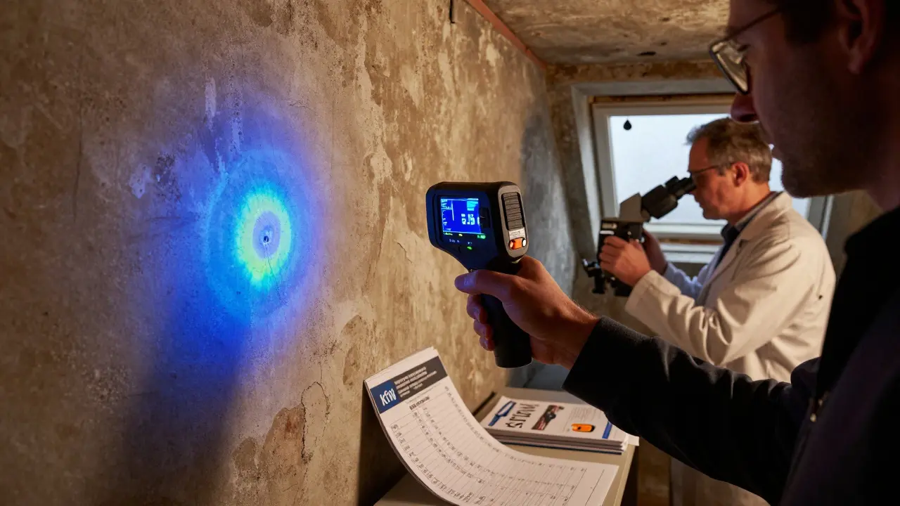 Käufer mit Wärmebildkamera, die feuchte Stellen im Keller erkennt.