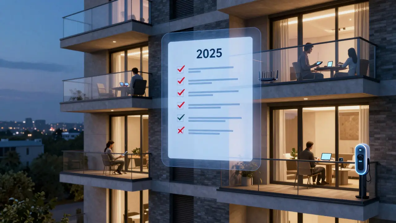 Modernes Mehrfamilienhaus mit Smart-Home-Geräten und rechtlichen Hinweisen im Hintergrund.