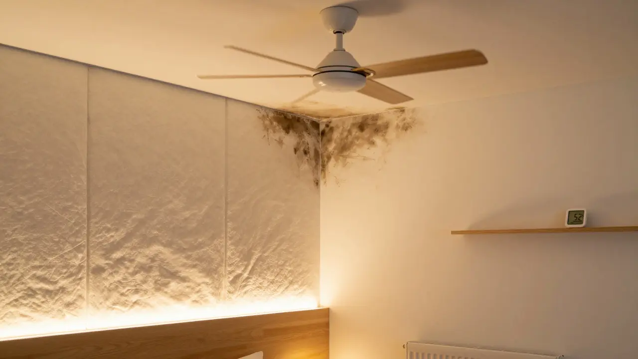 Modernisierte Ecke mit kapillaraktiver Dämmung und Deckenventilator, trocken und schimmelfrei.