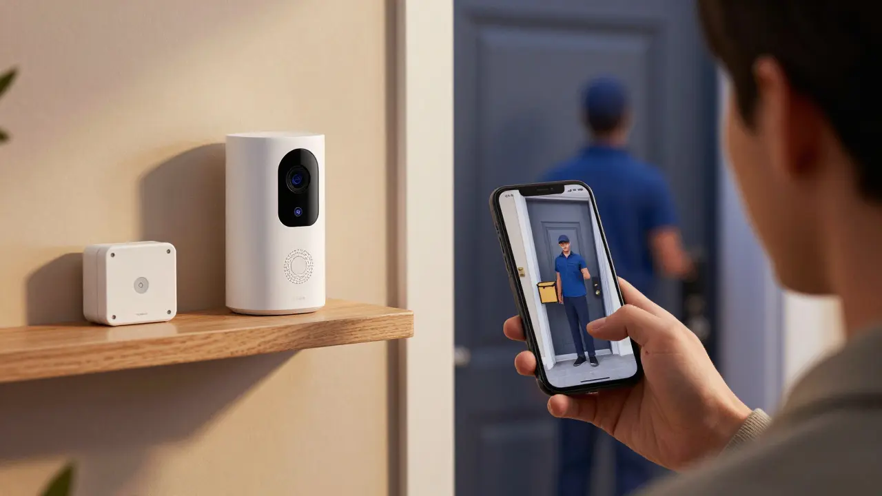 Person mit Smartphone, die einen Zusteller über eine batteriebetriebene Videotürklingel sieht, Sync-Modul im Hintergrund.