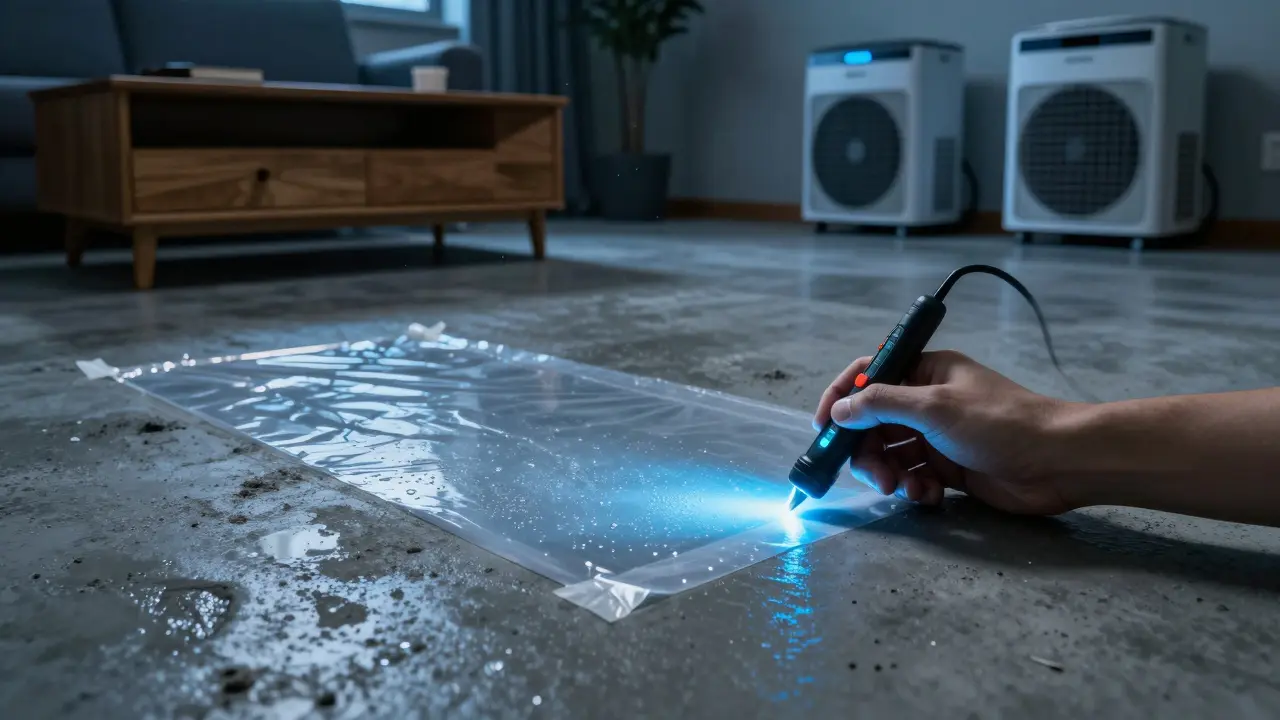 Polyethylen-Folie auf einem Estrichboden mit Kondenswasser darunter, zwei Luftentfeuchter im Hintergrund.