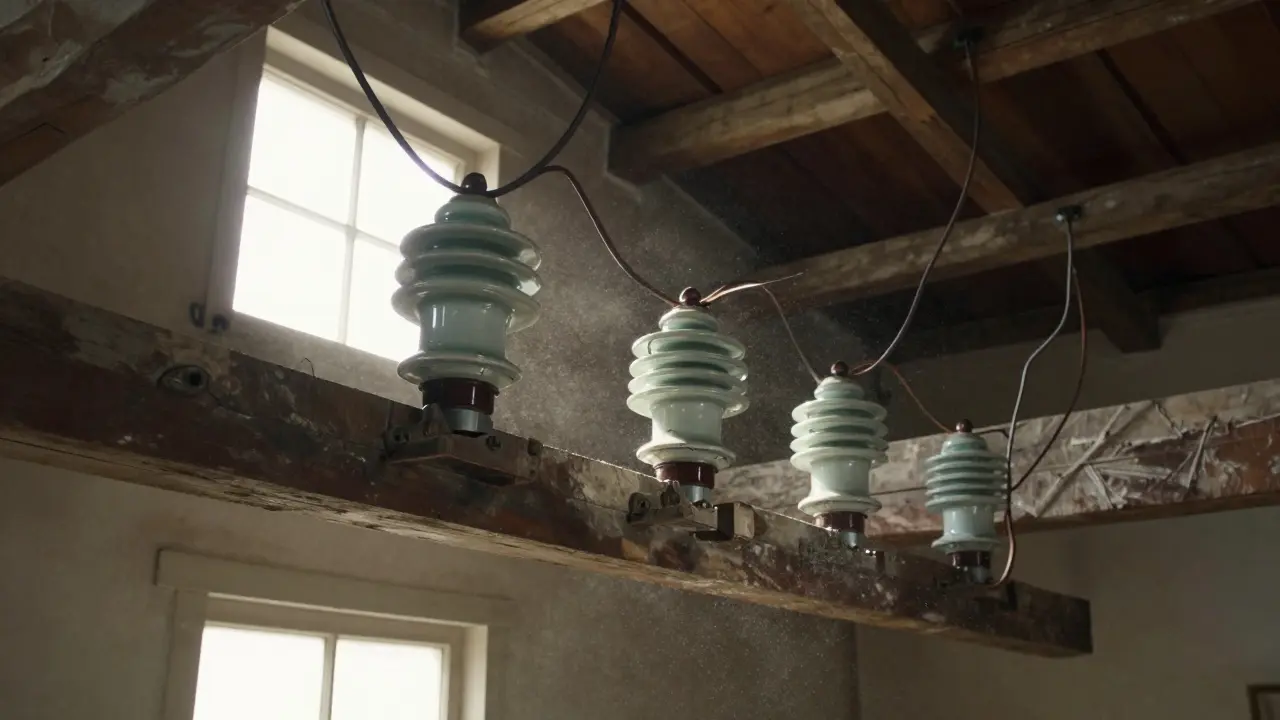 Porzellan-Isolatoren an Holzbalken im Dachboden mit alten Kabeln, Staub in der Luft.