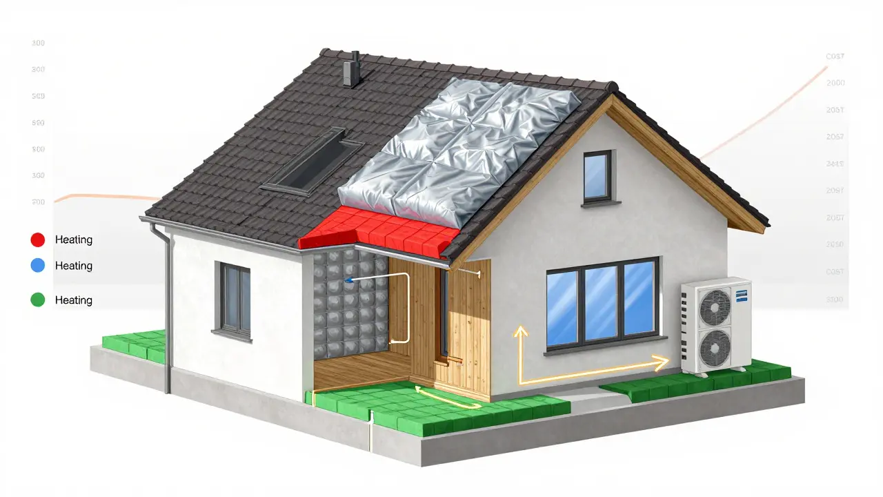 Querschnitt-Darstellung eines sanierten Hauses mit isolierten Wänden, Dach, Boden und Wärmepumpe in stilisierter Ansicht.