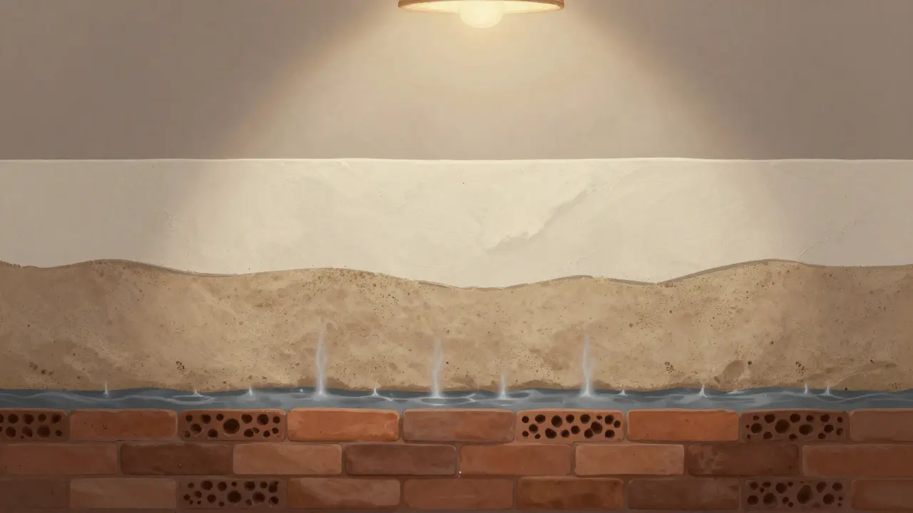 Querschnitt einer Kellerwand mit drei Schichten: kapillare Feuchtigkeit, Sanierputz und atmende Farbe.