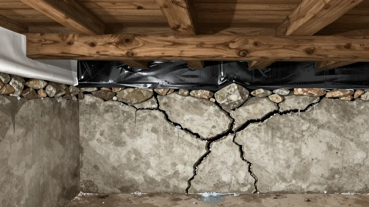 Querschnitt eines veralteten Fundaments mit Grundwasserdruck und moderner Abdichtung.