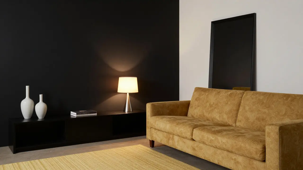 Schwarze TV-Wand mit hellem Holzsofa, Spiegel und warmweißer Beleuchtung in gemütlicher Atmosphäre.