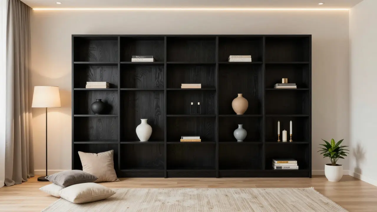 Schwarzes Bücherregal als Hauptakzent, begleitet von drei neutralen und fünf hellen Elementen nach der 1-3-5-Regel.