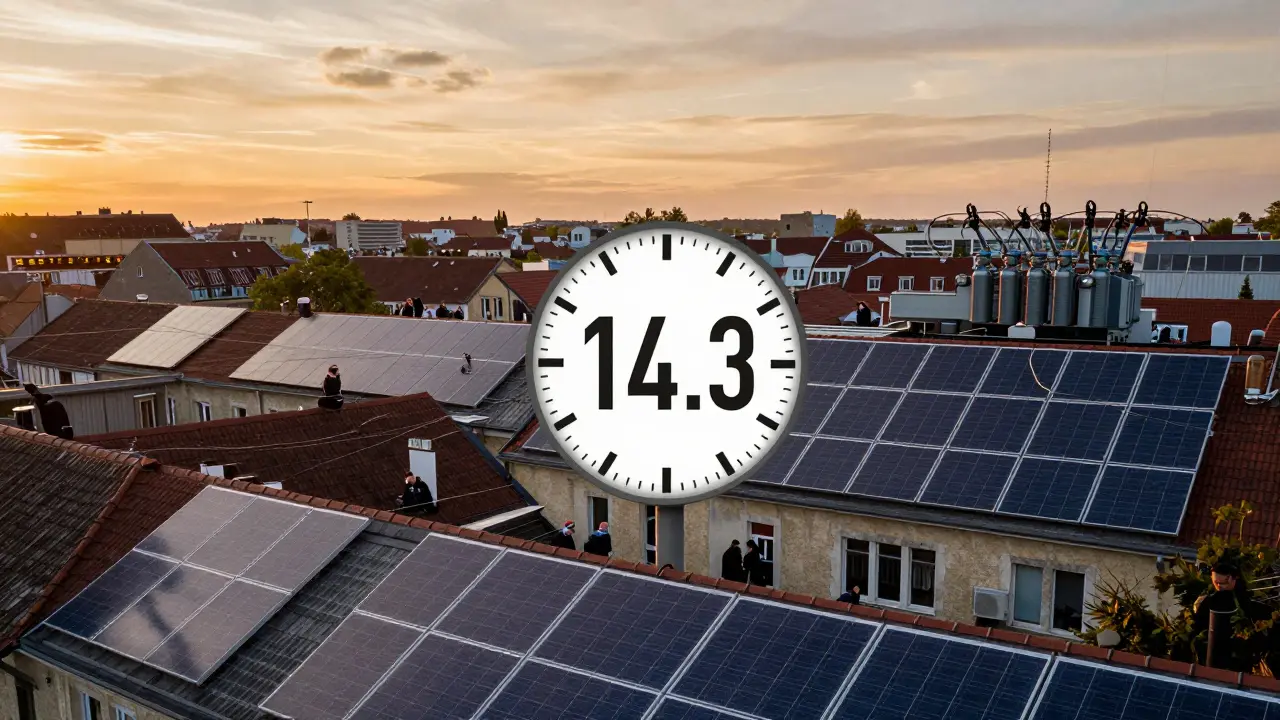 Stadtsilhouette mit überlasteten Dächern und Solarpaneele, Uhr zeigt 14,3 Wochen Verzögerung beim Netzanschluss.