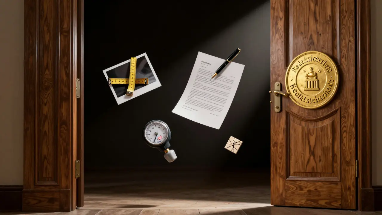 Symbolisches Bild einer Tür mit Siegel, aus der Dokumente, Fotos und ein Messband als Schutz vor Streitigkeiten hervorleuchten.