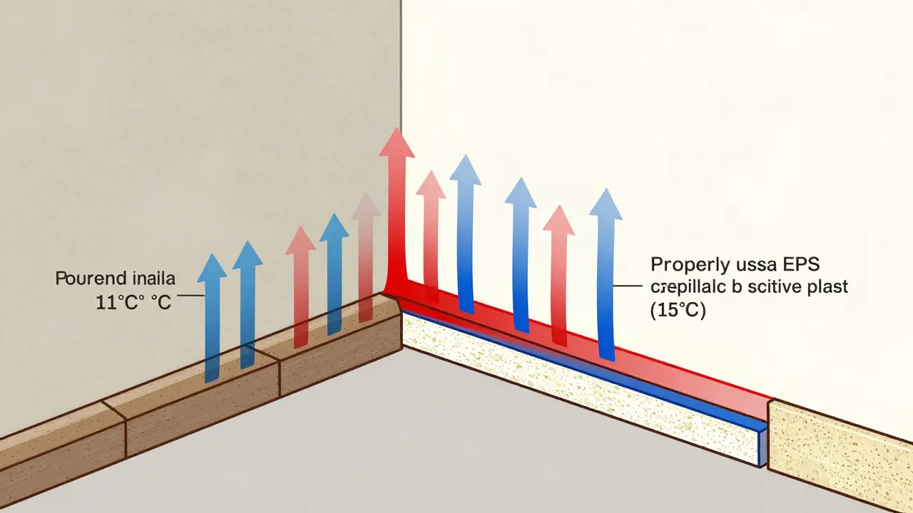 Technische Zeichnung einer Wärmebrücke mit Vergleich von Dämmmaterialien und Temperaturverteilung.