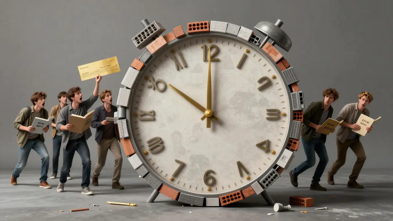 Uhr aus Baustoffen symbolisiert die Eile, den KfW-Zuschuss vor dem Geldauslauf zu beantragen