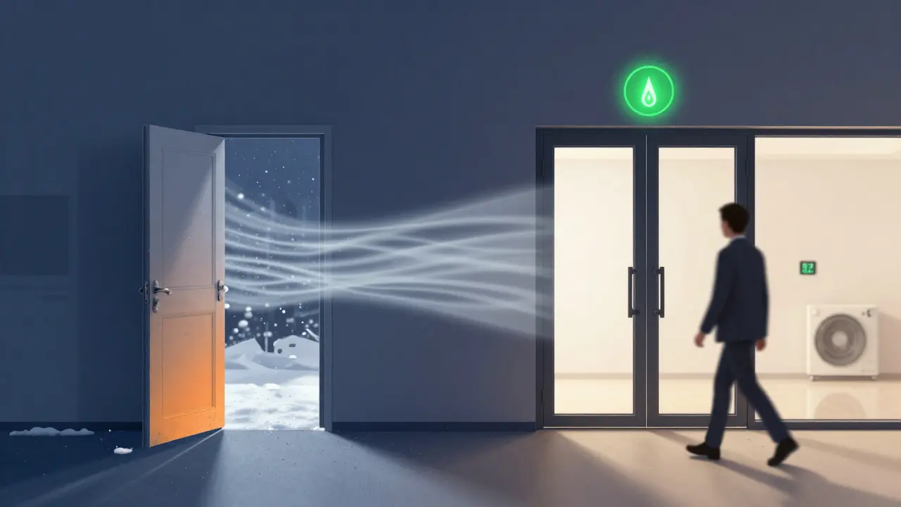 Vergleich: Eine offene Tür lässt Wärme entweichen, während eine automatische Tür energieeffizient schließt.