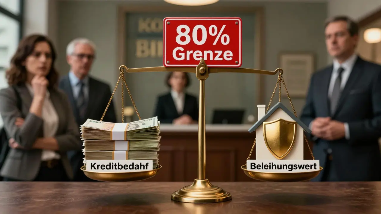 Waage mit Kredit und Immobilienwert, über der rote Warnung '80% Grenze' hängt.
