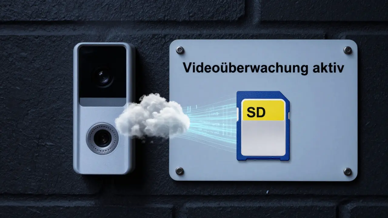 Warnschild mit deutscher Aufschrift neben einer Videotürklingel, Cloud-Datenströme vs. SD-Karte als symbolischer Kontrast.