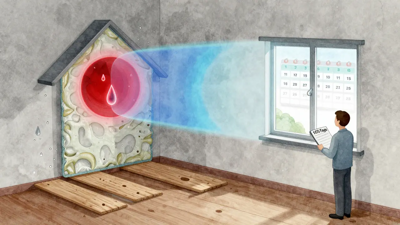 X-Ray-Ansicht einer Wohnung mit verborgener Feuchtigkeit in Wänden und Boden, menschliche Figur mit Trocknungs-Checkliste.