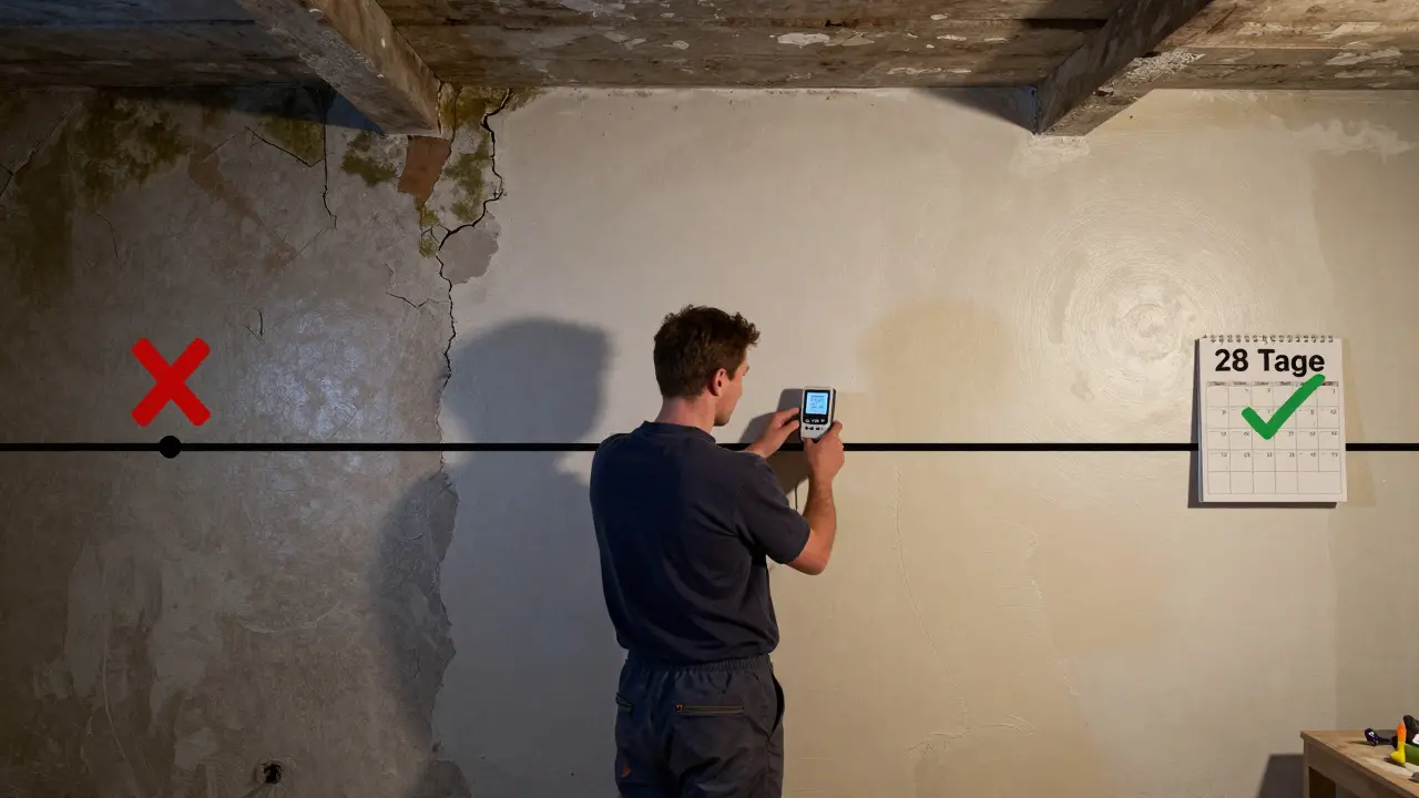 Zeitlinie einer Keller-Sanierung: von Schimmel über Messgerät bis zur fertigen, trockenen Wand.