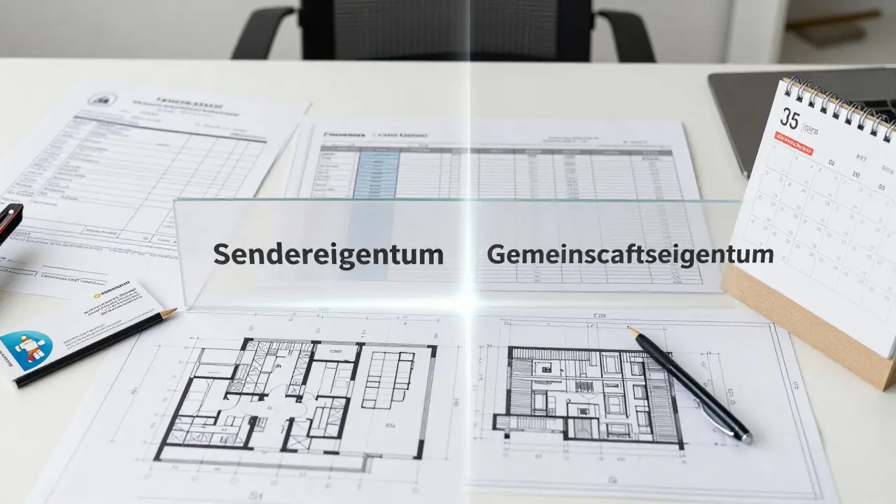 Zwei getrennte Arbeitsbereiche: persönliche Reparaturen links, gemeinschaftliche Verwaltung rechts, getrennt durch eine rechtliche Grenze.