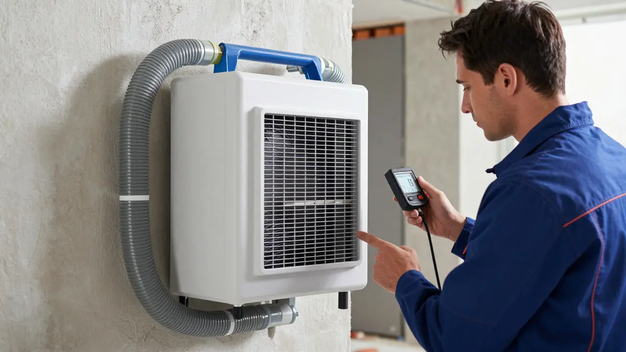 Bautrockner-Gerät mit Techniker bei Feuchtigkeitsmessung