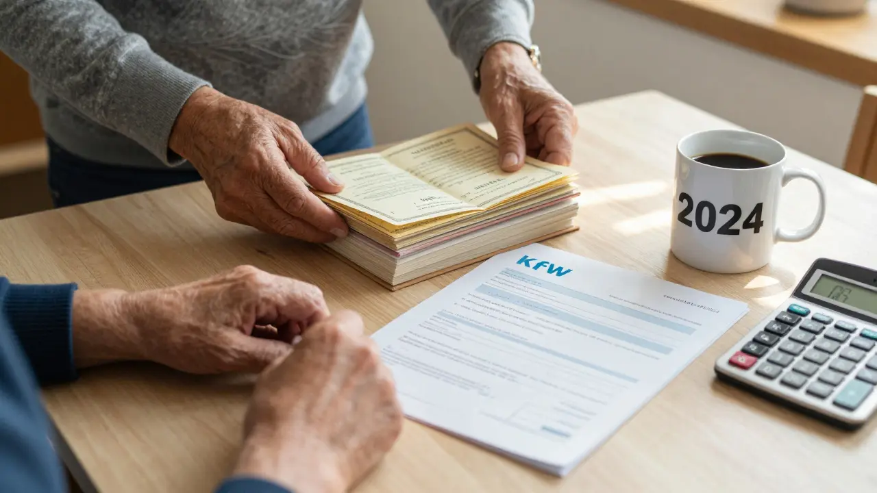 Ein älteres Paar legt Sparbücher und Wertpapiere auf einen Tisch mit einem KfW-Antragsformular.