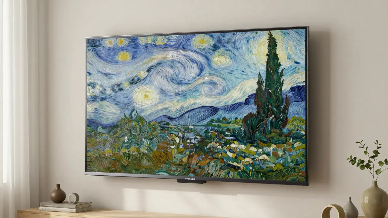 Ein Fernseher als Kunstwerk getarnt, der wie ein Gemälde an der Wand hängt und beim Ausschalten unsichtbar ist.