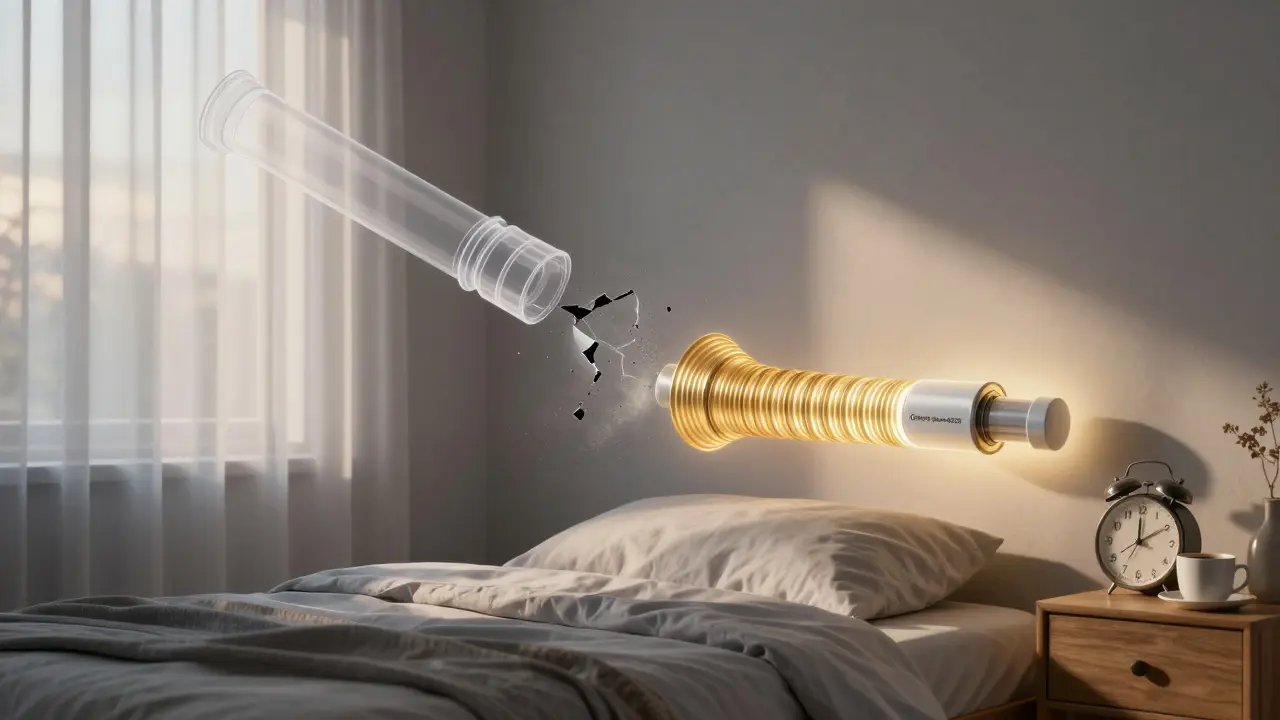 Ein ruhiges Schlafzimmer mit einem golden leuchtenden, schalldämmenden Rohr, das den Lärm eines alten Rohrs ersetzt und Frieden bringt.