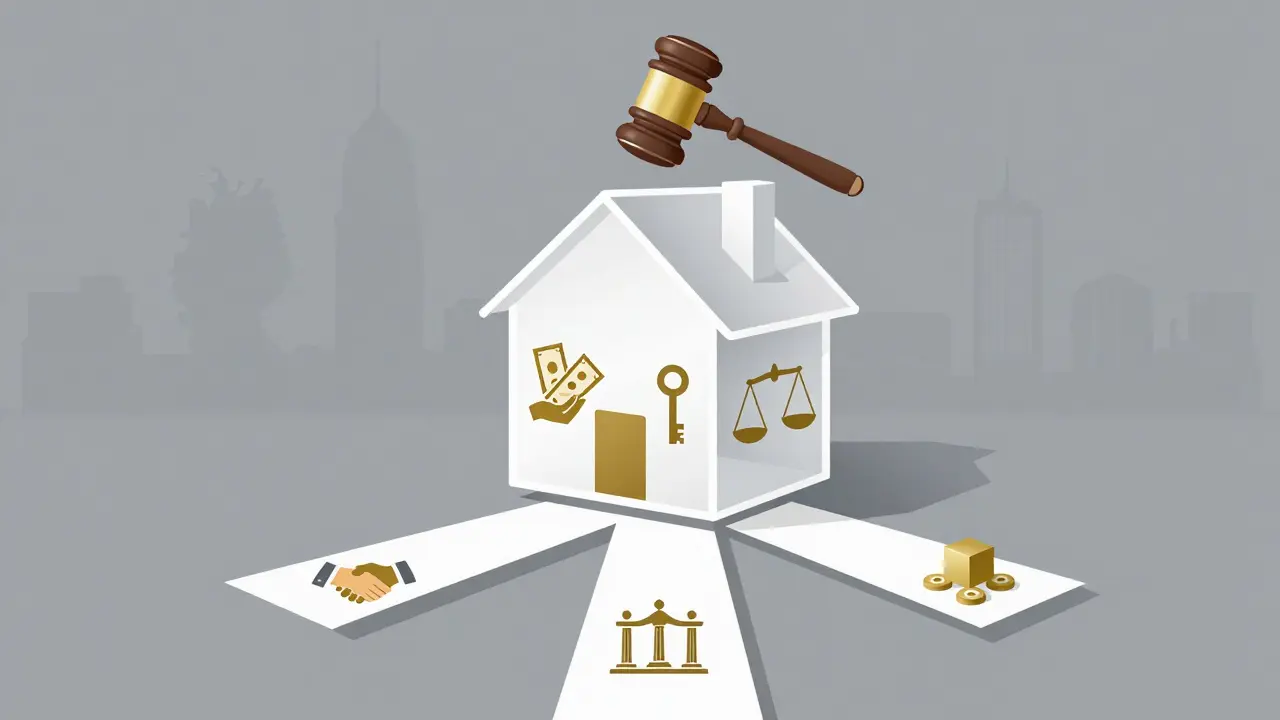 Ein transparentes Haus ist in drei Teile geteilt — mit Symbolen für Geld, Schlüssel und Waage, darüber ein Spruchgewicht.