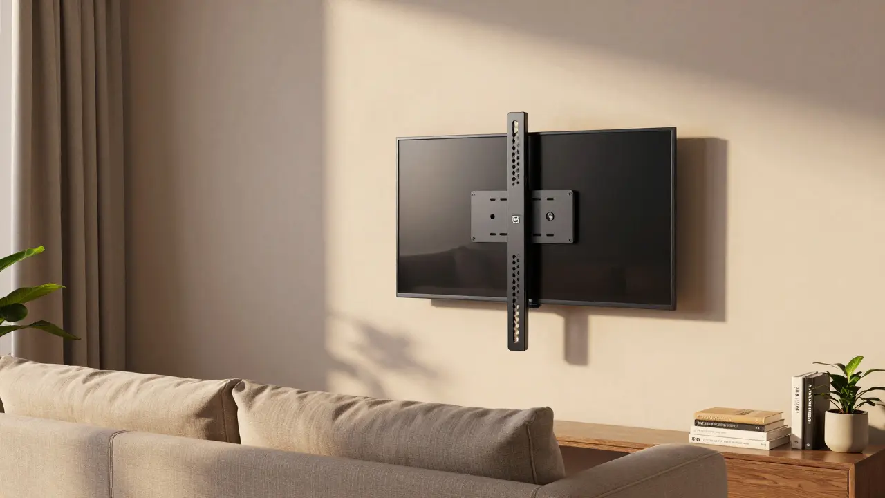 Eine Wandhalterung dreht den Fernseher von der Sitzposition zur Wand, um ihn unauffällig zu verbergen.