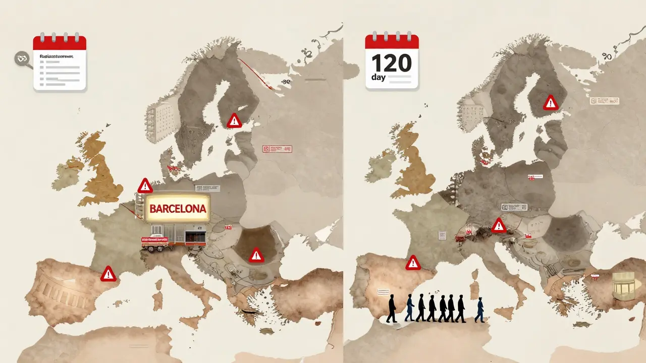 Europakarte mit symbolischen Kennzeichen für Kurzzeitvermietungsregeln in Barcelona, Paris und Rom, in erdigen Farben mit Warnsymbolen.