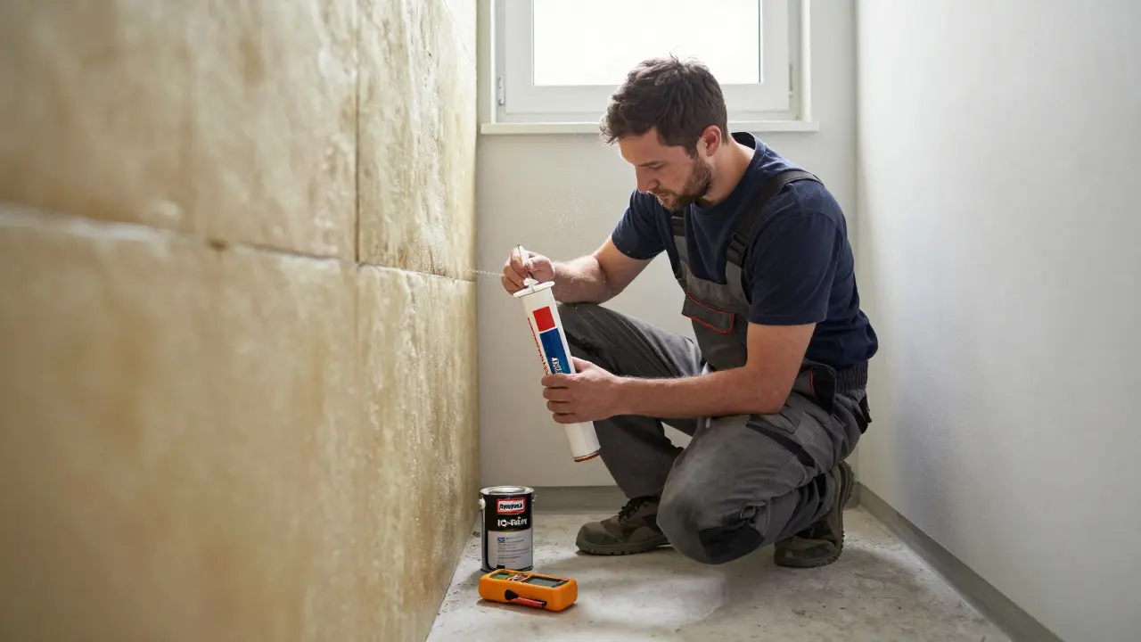 Fachmann dichtet eine kapillaraktive Dämmplatte in einem engen Treppenhaus präzise ab.