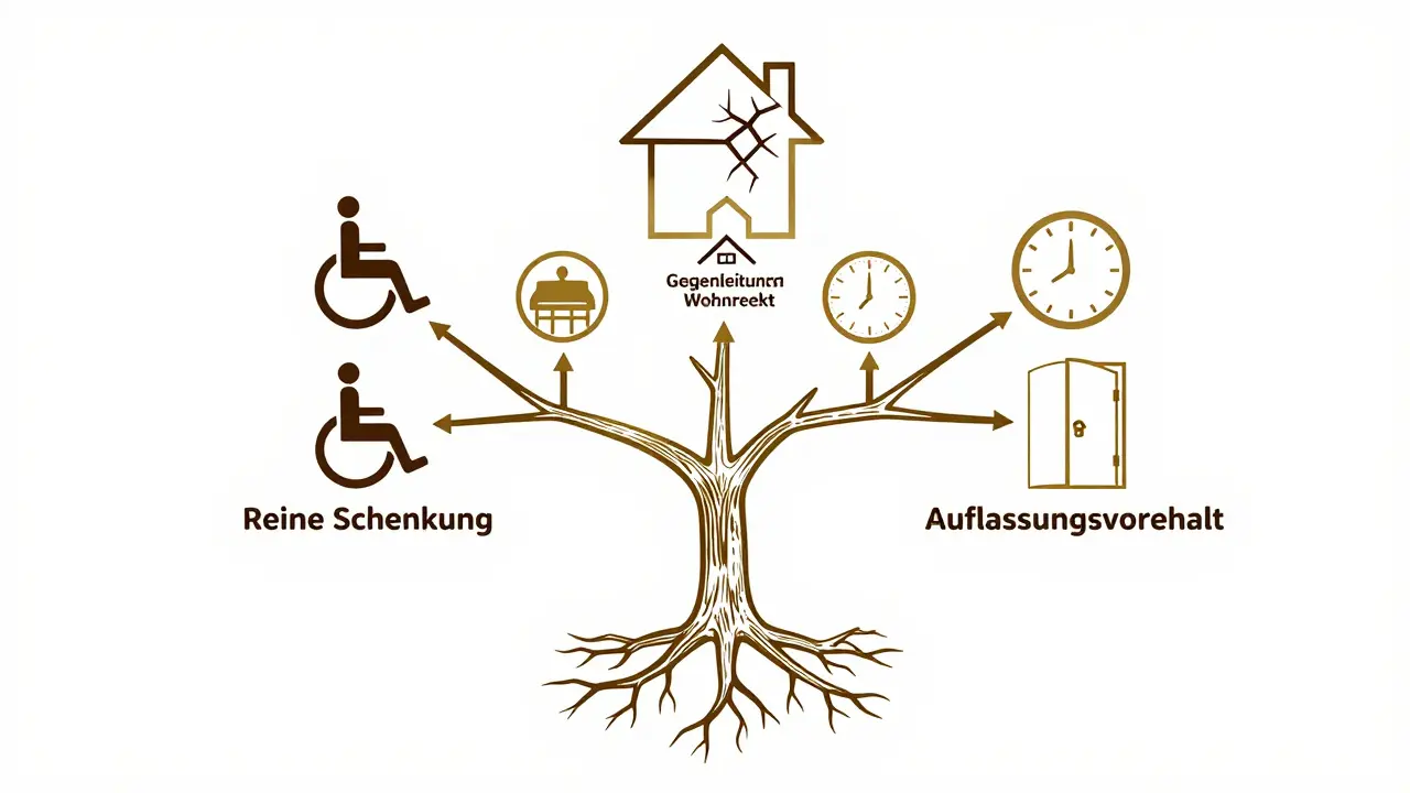 Family tree rooted in a house, showing paths of inheritance with hidden risks and safeguards.