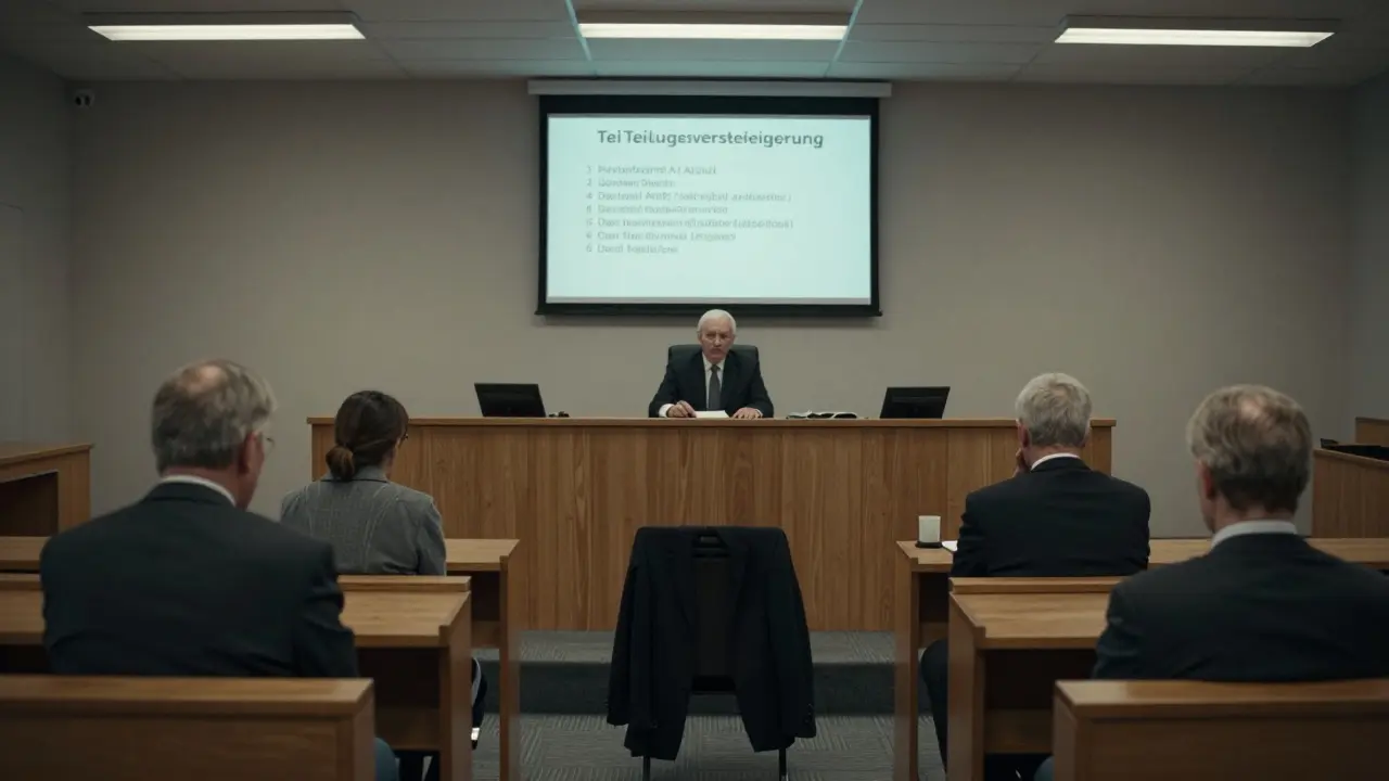 Gerichtssaal während einer Teilungsversteigerung: Erben sitzen auseinander, ein Mantel bleibt auf einem Stuhl liegen.