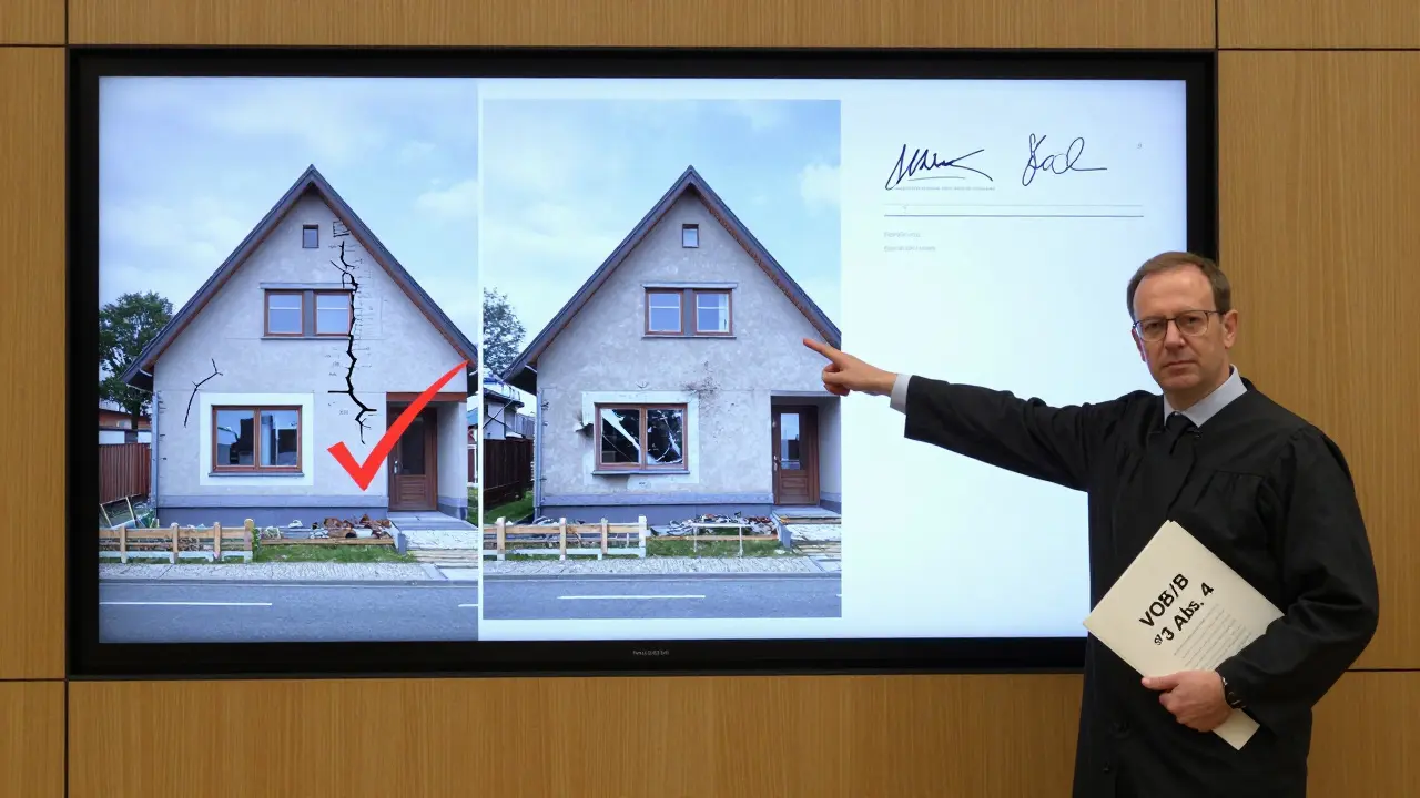 Gerichtsverhandlung mit Vergleichsfotos vor und nach Bauarbeiten, unterschriebene Bestätigung sichtbar.